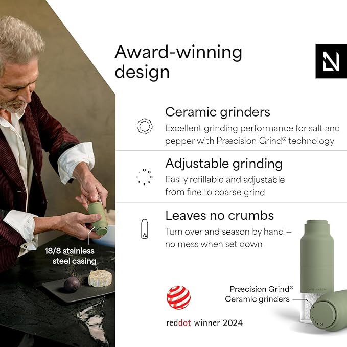 LARS NYSØM Salt and Pepper Grinder Set, Stainless Steel Manual Salt and Pepper Mills, Adjustable Ceramic Grinder, Design Spice Shakers (Sage Green)