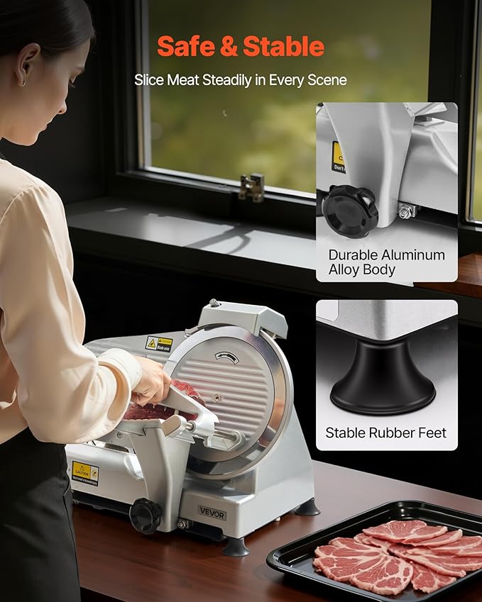 VEVOR Commercial Meat Slicer, 10 inch Electric Deli Slicer Machine, 320W Food-Slicer with SUS420 Blade, 0-0.4 inch Adjustable Thickness, for Frozen Meat, Ham, Baguett, Steak