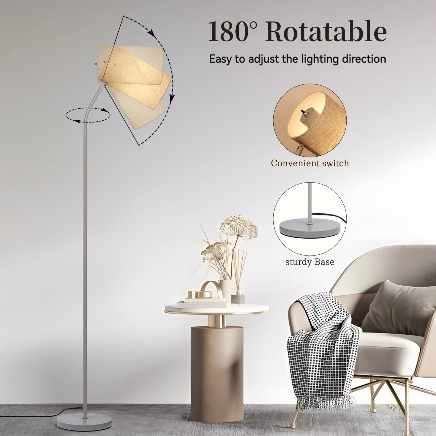 Ldeco Standing Lamp with Remote Control, Adjustable Metal Floor Lamp for Living Room, Bedroom, Office, Beige/Silver, Model JS0002FL