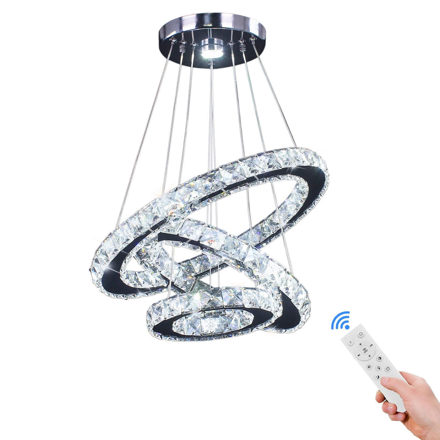 Diisunbihuo Led Chandeliers 3 Rings Modern Crystal Pendant Light, Adjustable, Multicolor Silver, Ideal For Bedroom, Living & Dining Room