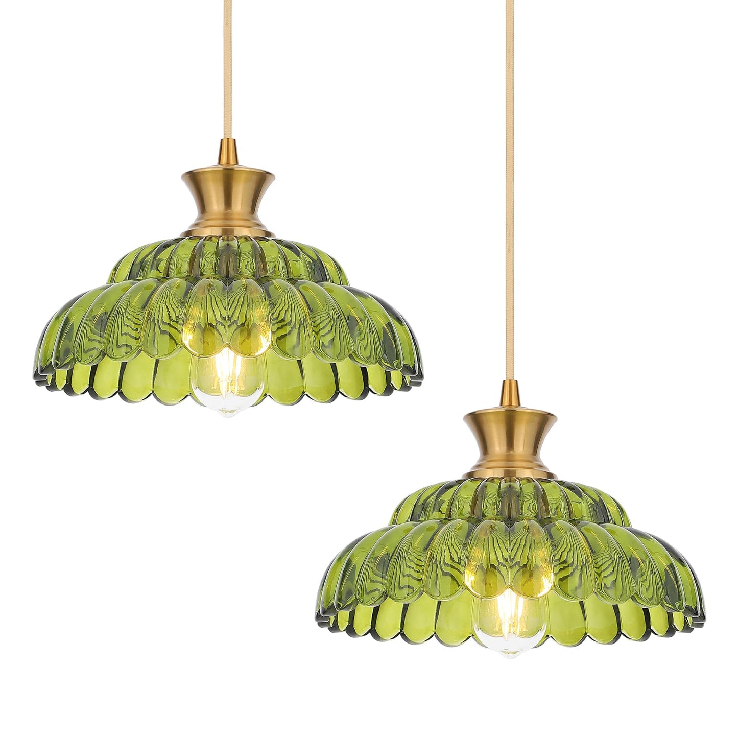 Mgcanyu 2Pack Glass Pendant Lights  11.8 Vintage Lighting Green Glass Light Fixtures Brushed Gold Modern Glass Chandelier Hanging Ceiling For Kitchen Island Dining Room Restaurant Foyer Entryway