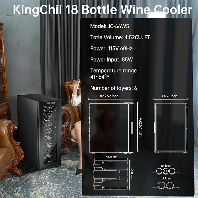 KingChii 18 Bottle Wine Cooler Refrigerator Freestanding Wine Fridge - Intelligent Digital Control, Low Noise Professional Compressor, Stainless Steel & Tempered Glass for Home, Office, or Kitchen