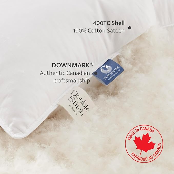 Double Stitch Luxury US White Down Pillow - Made in Canada, 400 Thread Count 100% Cotton Shell, Medium Firm 700 Fill Power Down Bed Pillow, Soft Sleeping Pillow 3-Chamber, Queen(20" x 30")