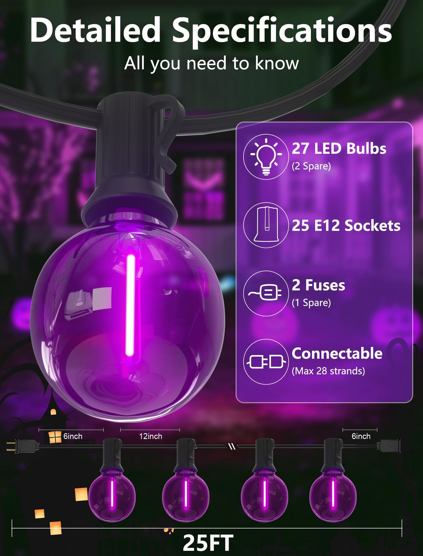 Sunsgne G40 Led Purple Lights Outdoor  25 Feet Halloween Purple String Lights With 25 Count Bulbs For Halloween Thanksgiving Indoor Outdoor Party Festival Haunted House Decor