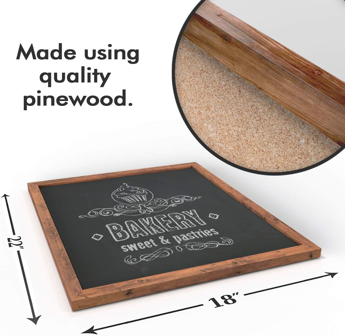 Wood Framed Chalkboard - Premium Magnetic 18 x 22 Rustic Chalk Board, Great with Regular or Liquid Chalk Markers, Non Porous Wall Hanging Blackboard Sign
