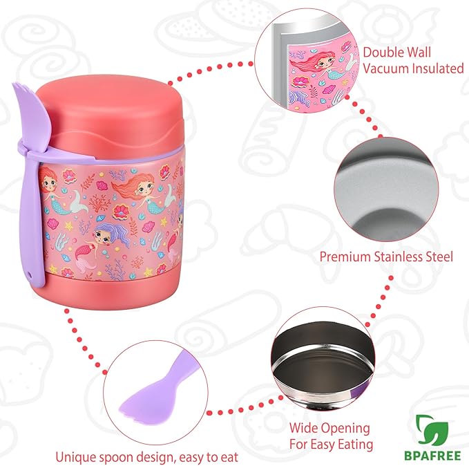 Mermaid 10oz Kids Lunch Jar - Insulated, Leak Proof, Wide Mouth, Hot Food, Spoon Included