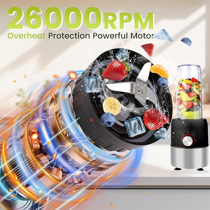 1000W 2-in-1 Personal Blender with Travel Bottles, Portable Smoothie Maker for Shakes & Grinding Coffee, 3 Speeds, 27oz & 6.7oz Cups, Compact & Powerful, Black