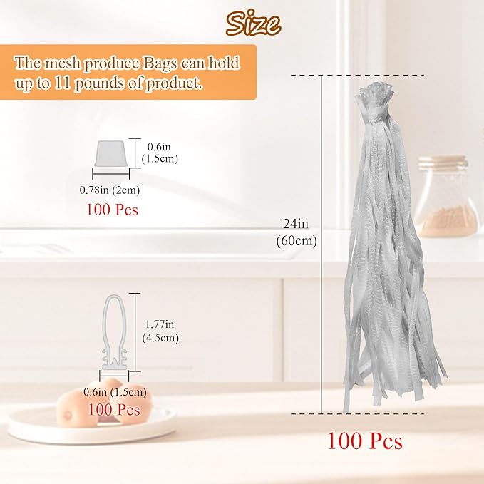 Limso 100 PCS Seafood Boiling Bags, 24 Inch Seafood Bag Onion Bag Mesh Nylon Netting, Reusable Mesh Produce Bags, With 100 Pcs Loop-Style Closures (White)