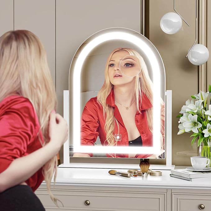 Lighted Makeup Mirror, Hollywood Vanity Mirror with Lights, Three Color Lighting Modes, LED Mirror, Smart Touch Control, 360°Rotation (15.2in. Curved)