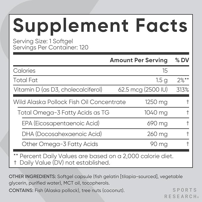 Sports Research® Alaskan Omega-3 Fish Oil 1040mg + Vitamin D3 2500iu - Supports Brain & Heart Health - MSC Certified Sustainable · Wild-Caught · Non-GMO · Triglyceride Form - 120 Count Softgels