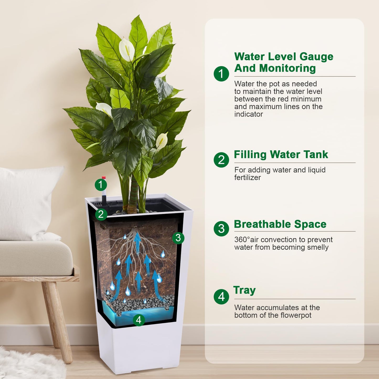 MilleLoom 22.5" Tall Outdoor Planters Set of 2, Indoor Outdoor Plant Pot with Water Level Monitor, Drainage Holes & Inner Bucket, Self Watering Flower Pots for Garden, Porch, Patio, White