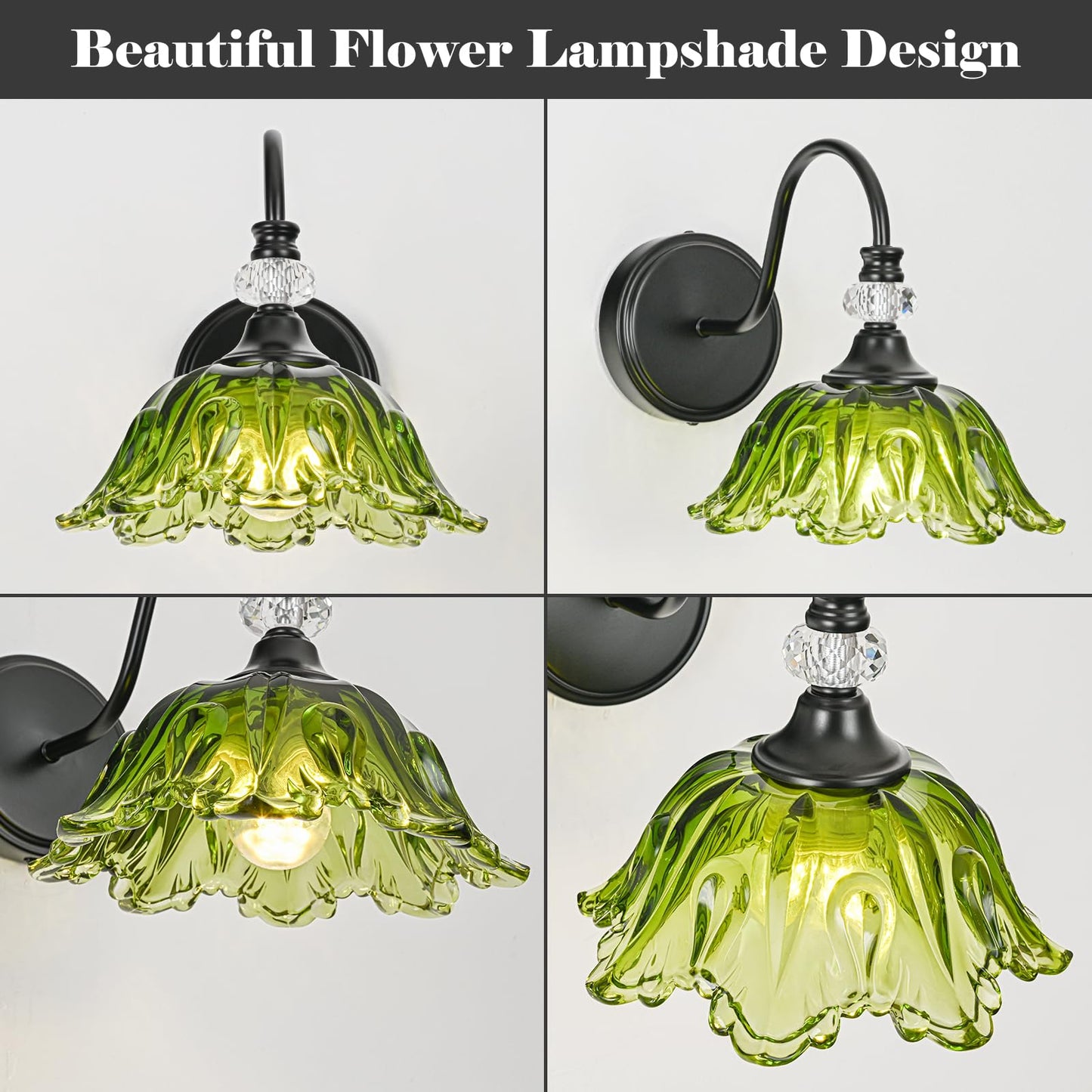 Sunkryster 1 Piece Black Wall Sconce With Floral Green Glass Shade  Black Farmhouse Wall Mount Lighting For Bathroom Vintage Bathroom Vanity Light Fixture