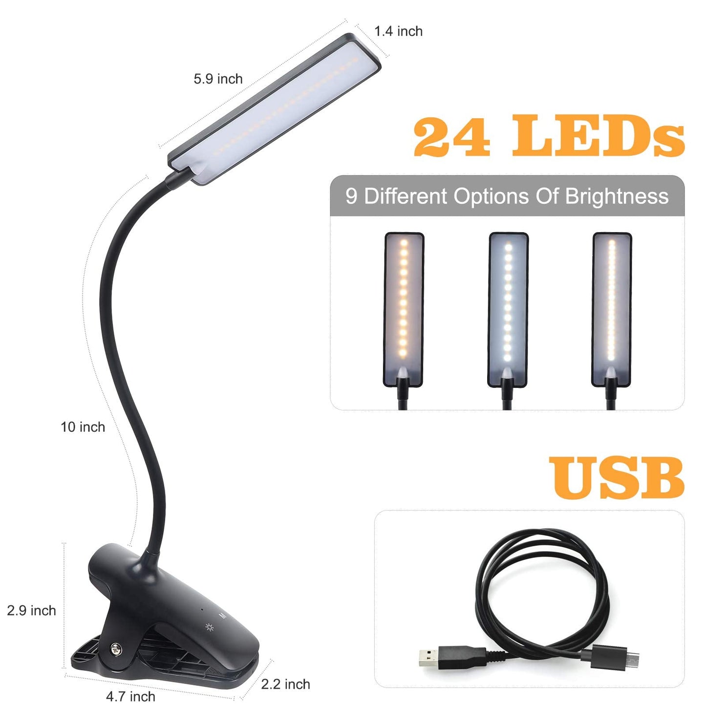 deaunbr LED Reading Light with Clip, USB Rechargeable, 24 LEDs, Flexible Neck, Black, Model WS0030-01-0