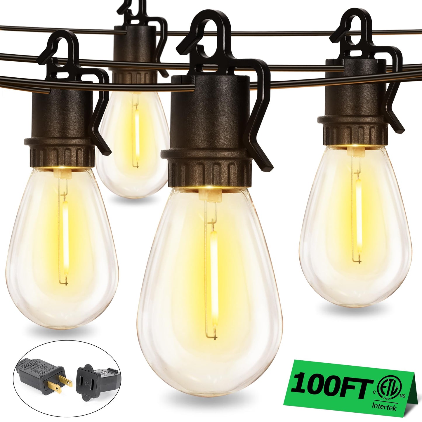 TDLOL Outdoor String Lights, 100FT with 52 Shatterproof S14 Vintage Bulbs, Dimmable, IP55 Waterproof, GYPC-O50LAU