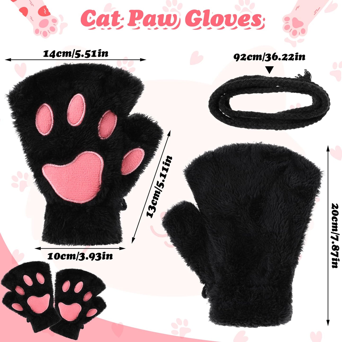 Cat Paw Gloves Black Bear Furry Paw Fingerless Hand Winter Paw Gear Kawaii Cat Claw Gloves Warm Mittens Cute Faux Fur Plush Half Finger Paws Gloves Cat Paw for Girls Women Halloween Cosplay Costume