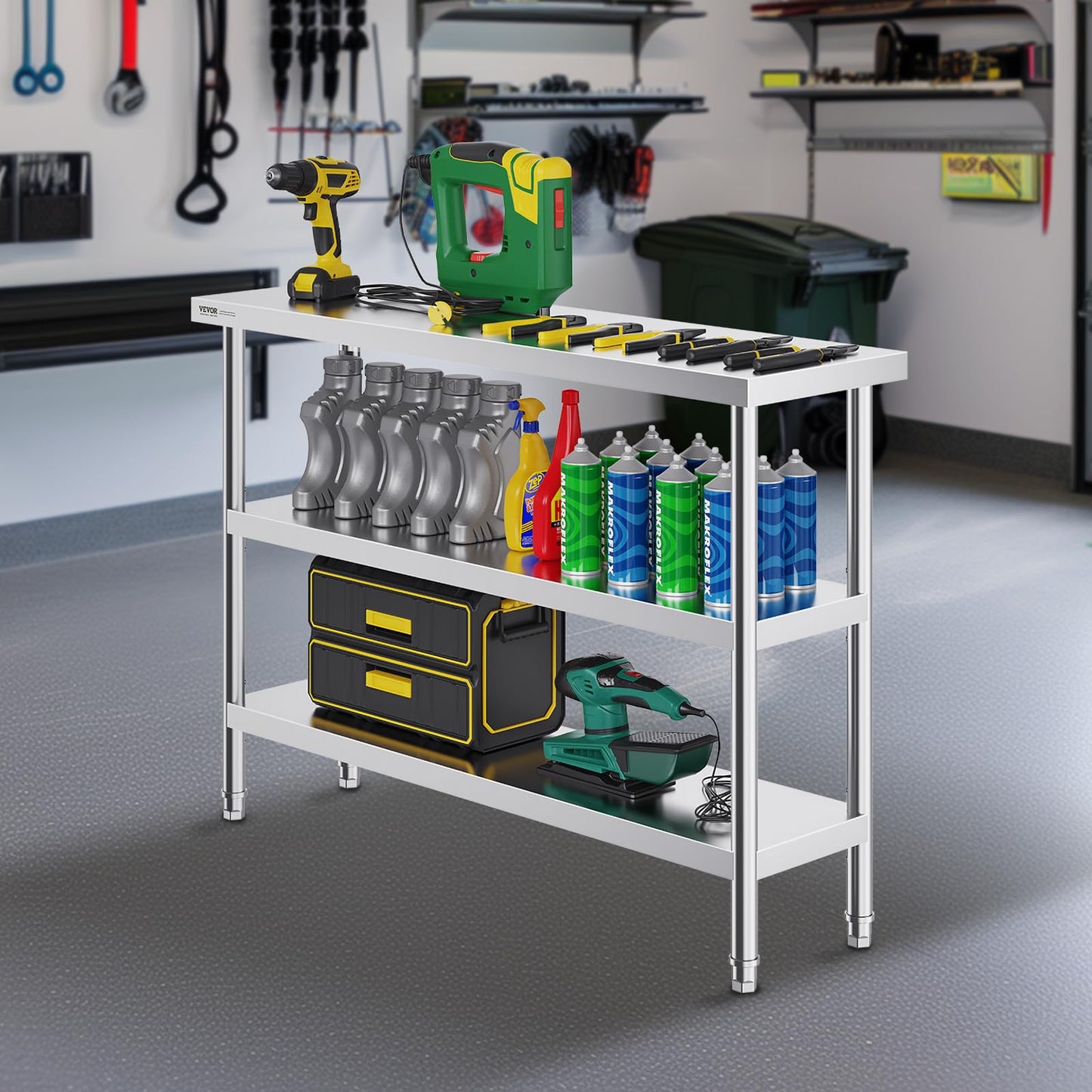 VEVOR Stainless Steel Food Prep Table, 14 x 48 x 34 Inch Commercial Kitchen Worktable, with 2 Adjustable Undershelf, Heavy Duty Prep Metal Work Tables for BBQ, Kitchen, Home, and Garage