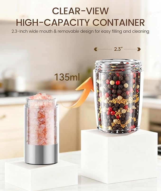 Ringco Gravity Electric Salt and Pepper Grinder Set with Charging Base, Automatic Gravity Salt and Pepper Mill with Adjustable Coarseness, LED Light, 135ml Large Capacity, Christmas Gift