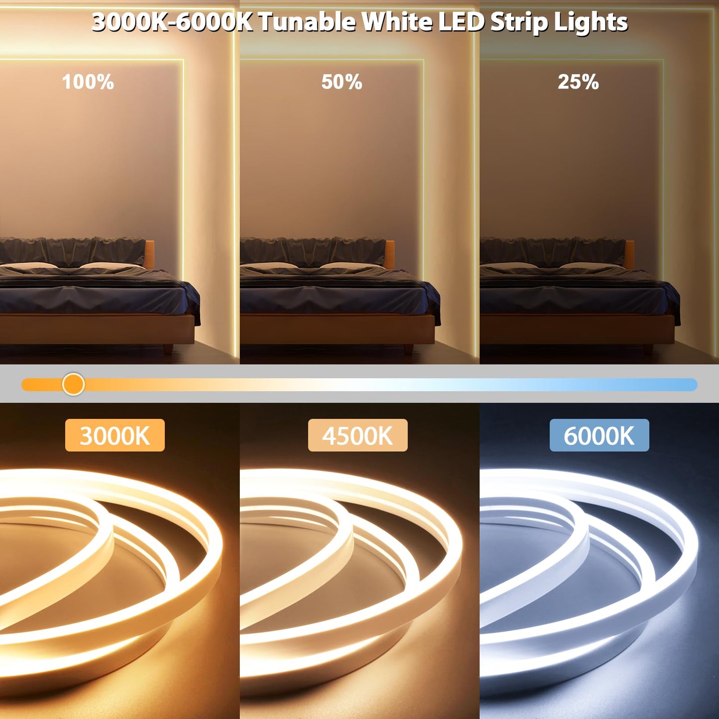 Lamomo Led Strip Lights  Tunable White Neon Rope Lights With Remote  32.8Ft Dimmable 3000K-6000K Flexible Led Light Strip  Waterproof Silicone 24V Neon Lights For Bedroom Home Decor Warm White