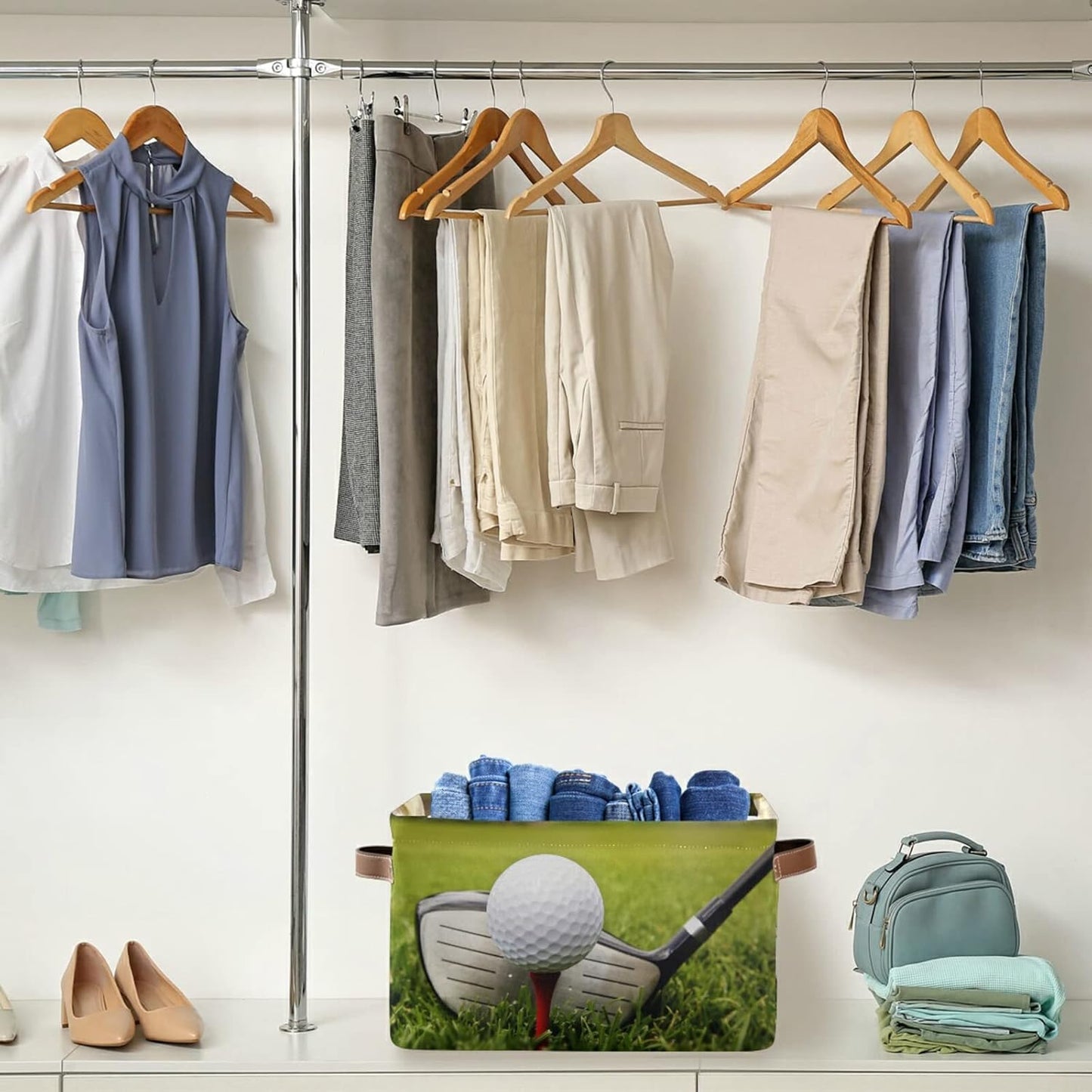 Sport Golf Ball Theme Storage Basket Bins, Decorative Baskets Storage Box Collapsible Storage Cubes Organizer with Handles for Nursery Shelf Closet Office Home Bedroom, 1 Pack