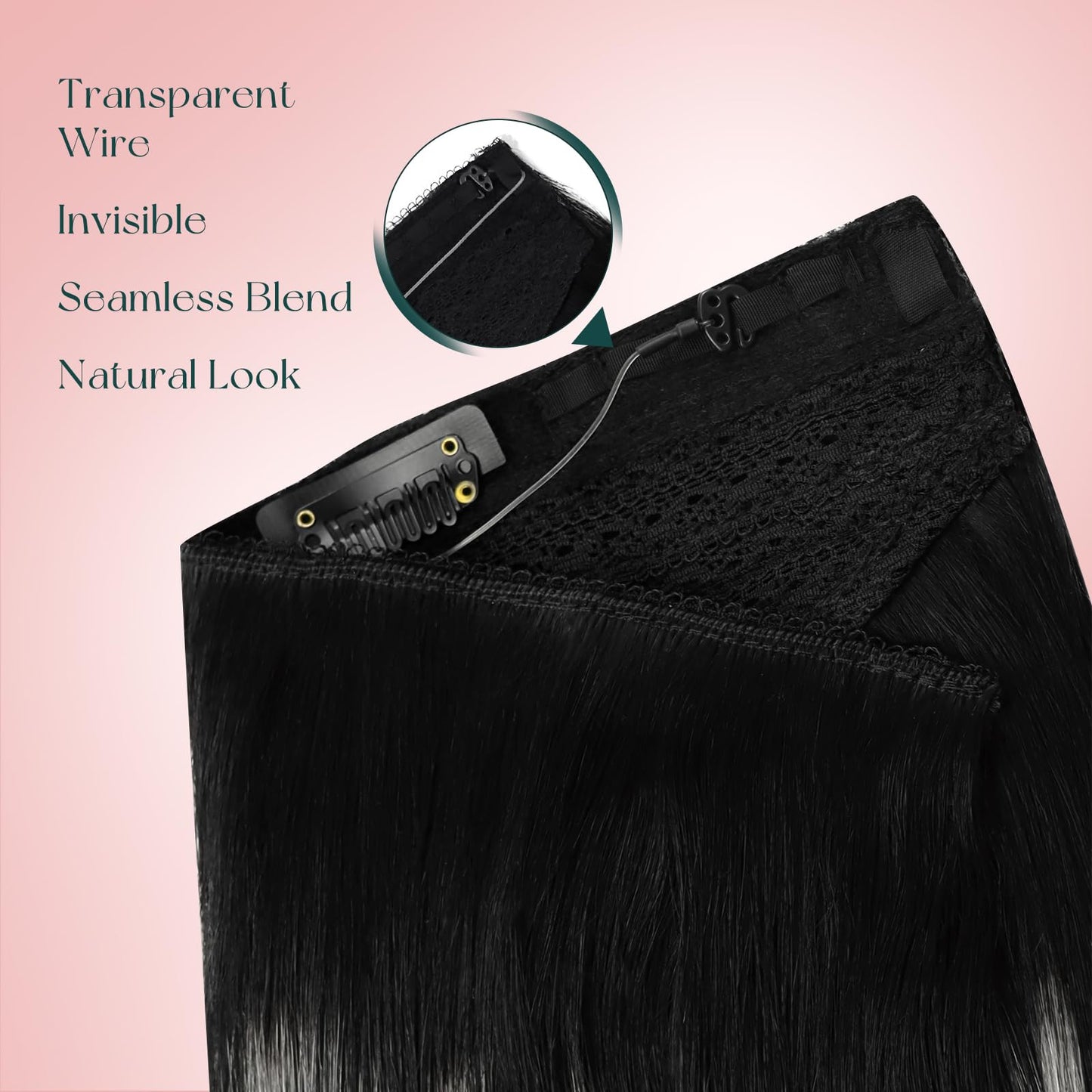 Easyouth Wire Human Hair Extensions Ombre Wire Hair Extensions Real Human Hair Black Balayage with Silver Fish Line Hair Extensi