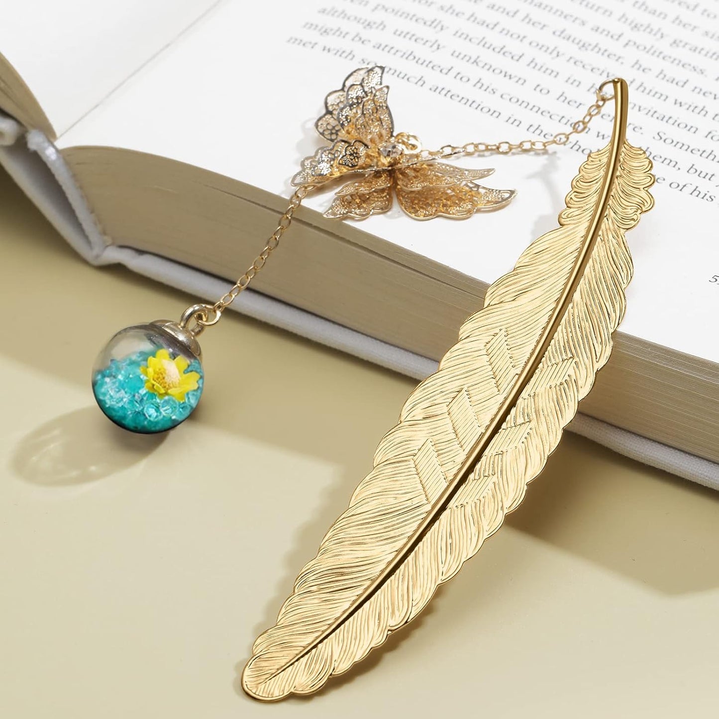 Metal Feather Bookmark with Butterfly Charms, Mothers Day Gifts Teacher Appreciation Gifts for Women End of Year Teacher Gifts Bookmarks for Women Grils Mom Readers Book Lovers