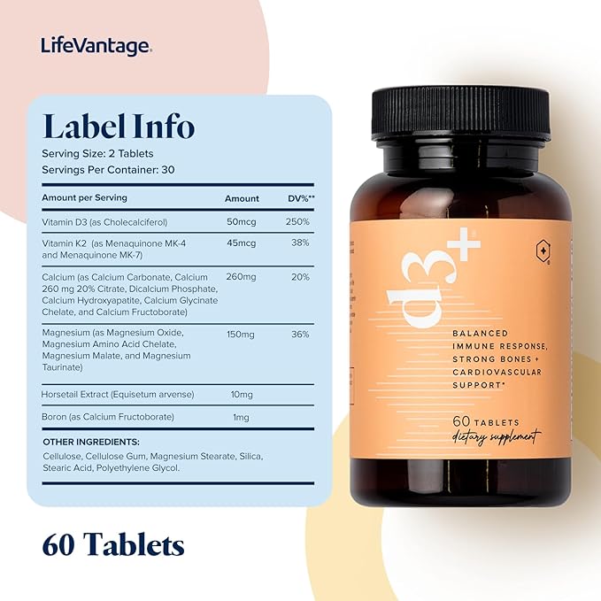 LifeVantage D3+ - Vitamin D3 Immune Support Supplement an Excellent Source of Vitamin K2, Magnesium, and Calcium. Non-GMO, Gluten-Free, Vegetarian, and Dairy-Free - 60 Tablets