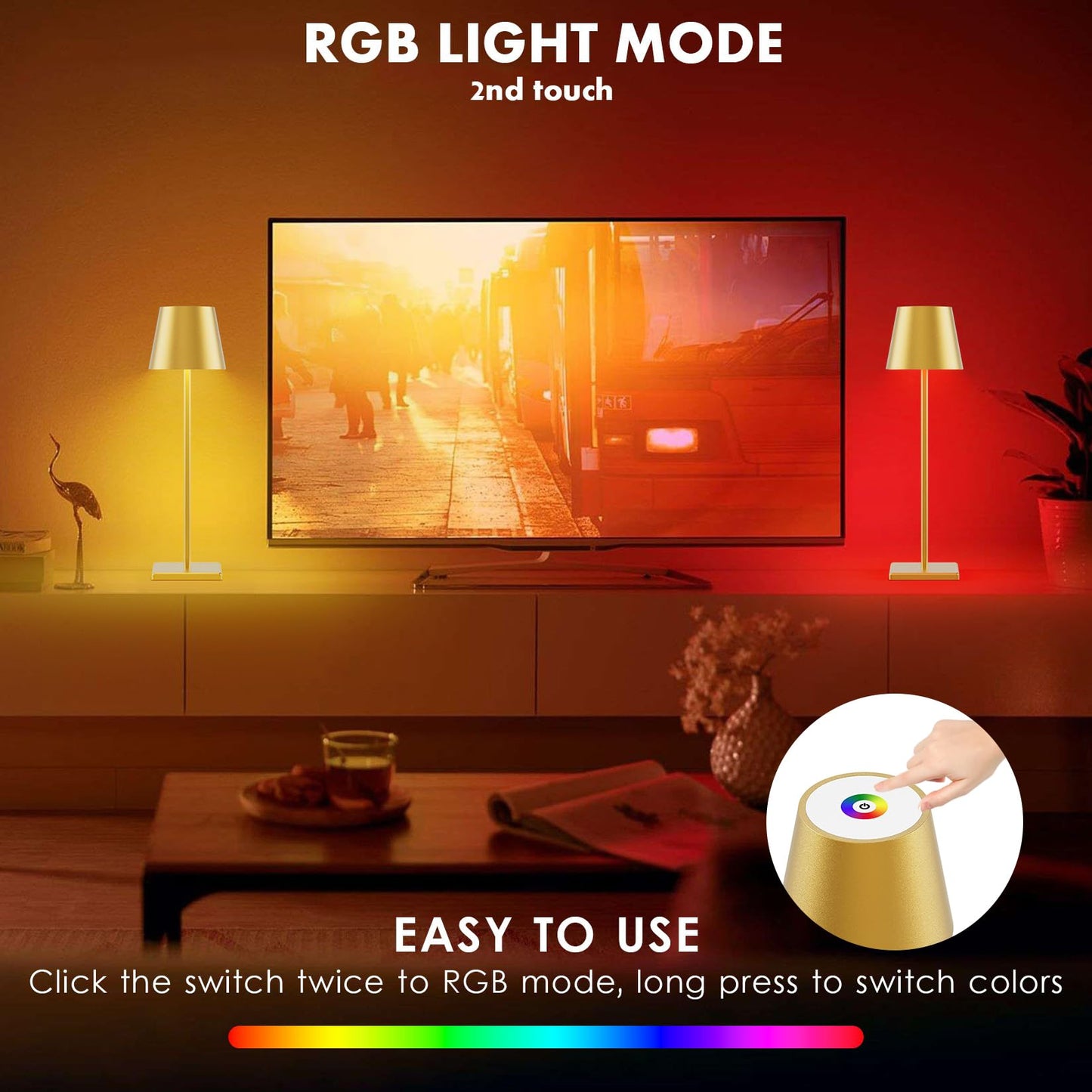 Aoceley 2-Pack LED Cordless Table Lamp - RGB Stepless Dimming, 3W, Rechargeable, Gold, Model HT-010