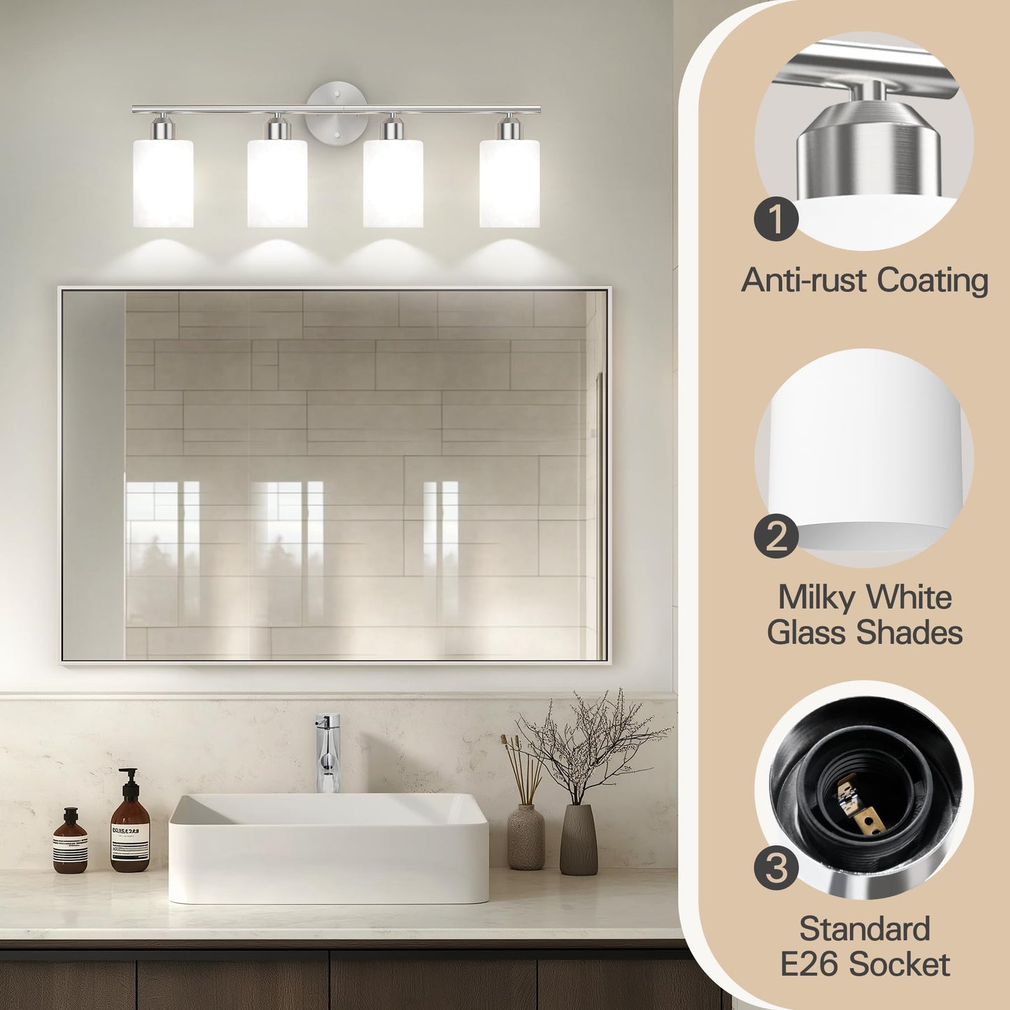 Espird Brushed Nickel Bathroom Vanity Light Fixtures, 4 Lights, Textured Frosted Opal Glass Shades, Model L01-4-NL-W