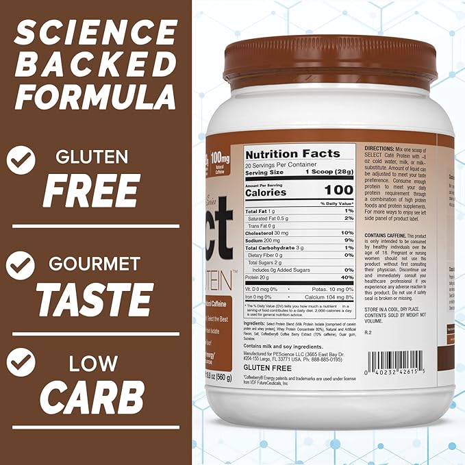 PEScience Select Cafe Coffee Protein Powder, Iced Mocha 20 Servings, Whey and Casein Blend, Natural Caffeine, Clean Isolate Protein for Women and Men