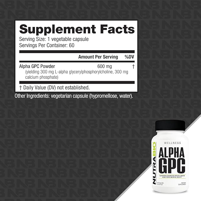 NutraBio Alpha GPC, Brain Support & Improved Memory Function, 300mg - 60 Vegetable Capsules