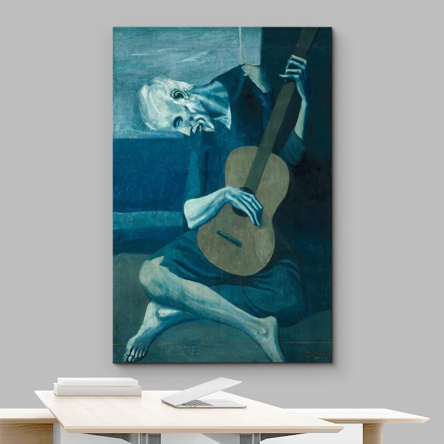 wall26 Canvas Print Wall Art The Old Guitarist by Pablo Picasso Cultural People Oil Painting Fine Art Traditional Dramatic Multicolor Ultra for Living Room, Bedroom, Office - 12"x18"