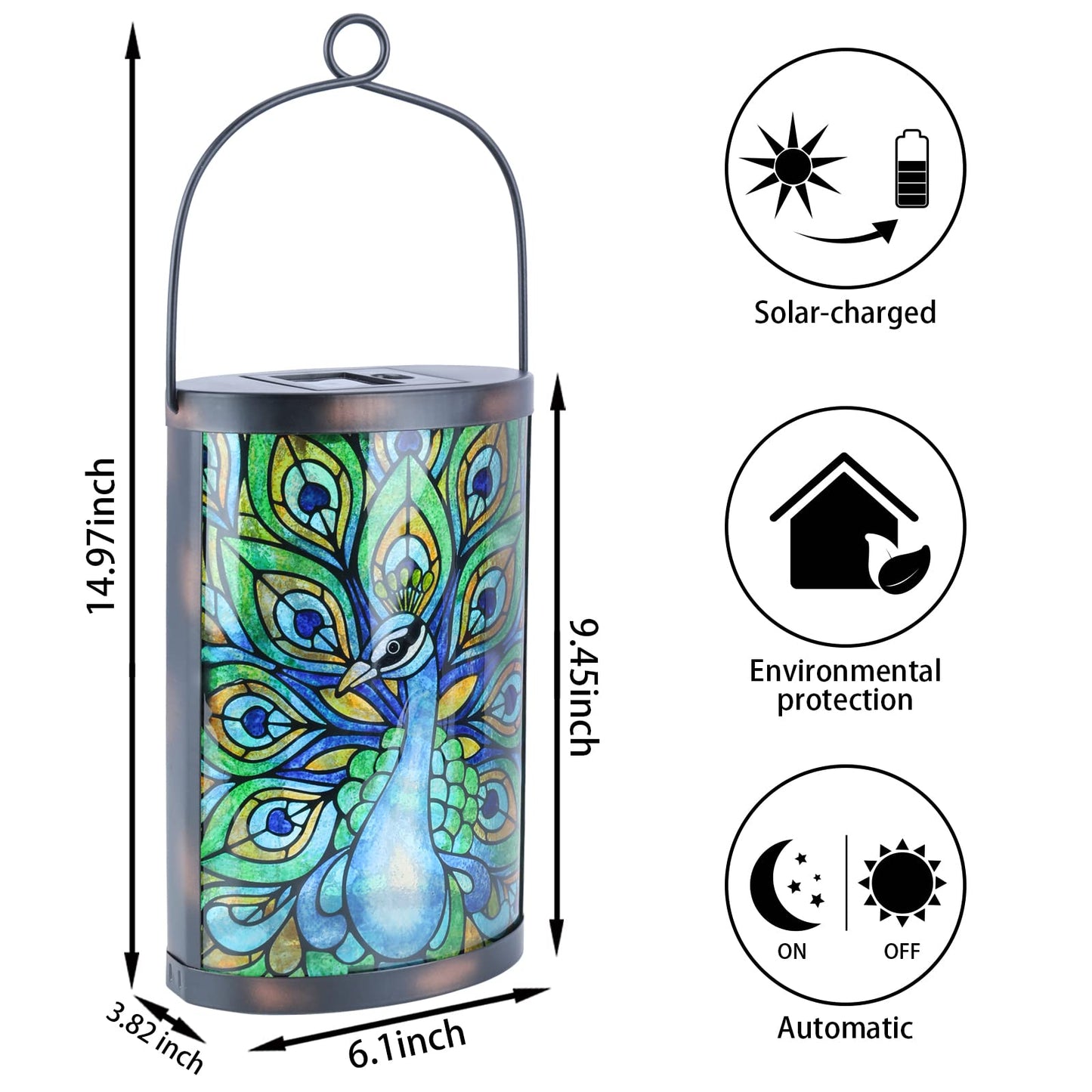 MUMTOP Hanging Solar Lantern, Peacock Model, Waterproof LED, Dark Green, Decorative Tabletop Lamp for Outdoor Patio Garden Decor