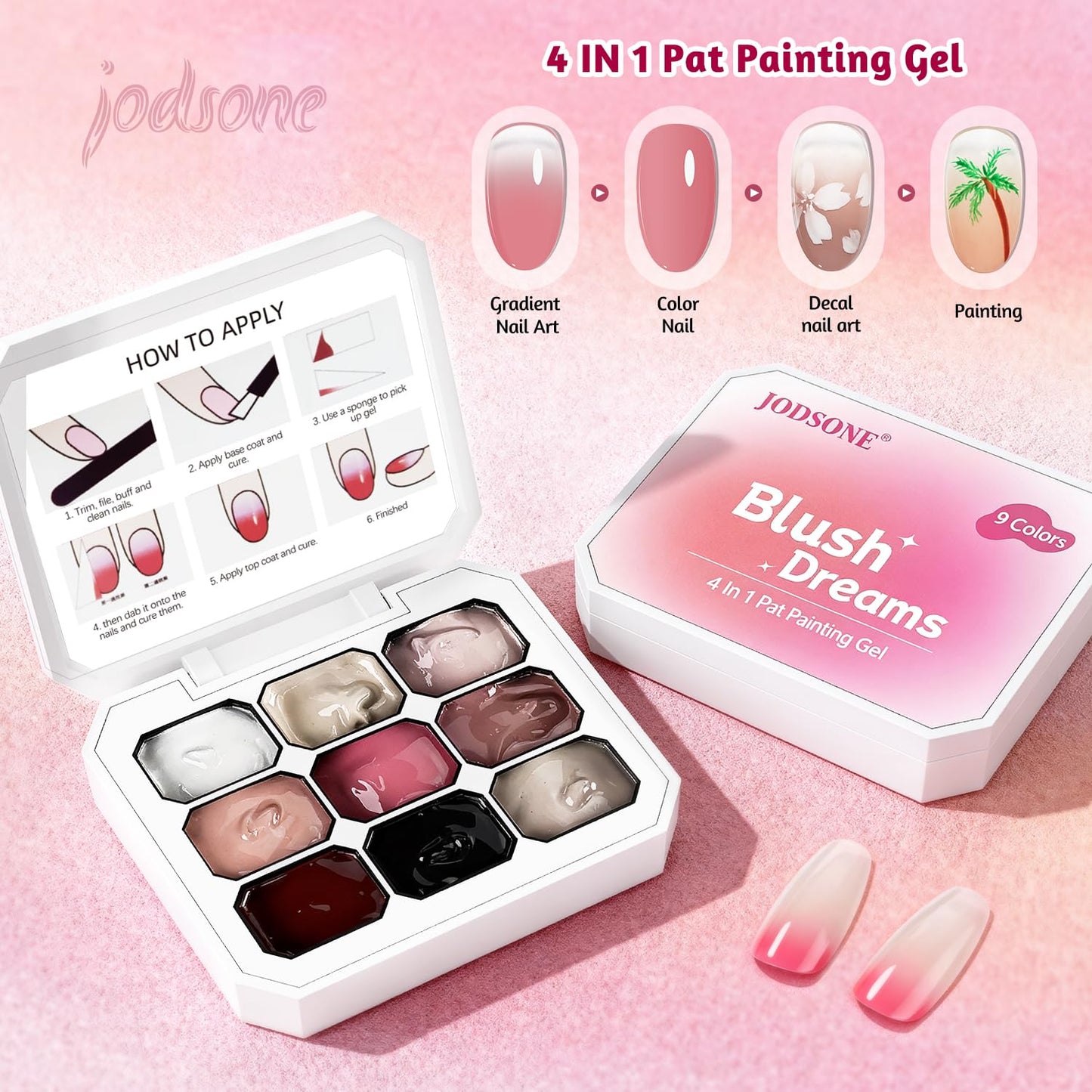 JODSONE 9 Colors Gradient Sponge Pat Paint Nail Gel Kit with U V Nail Lamp with 50 PCS Nail Sponges and Grabbing Pen