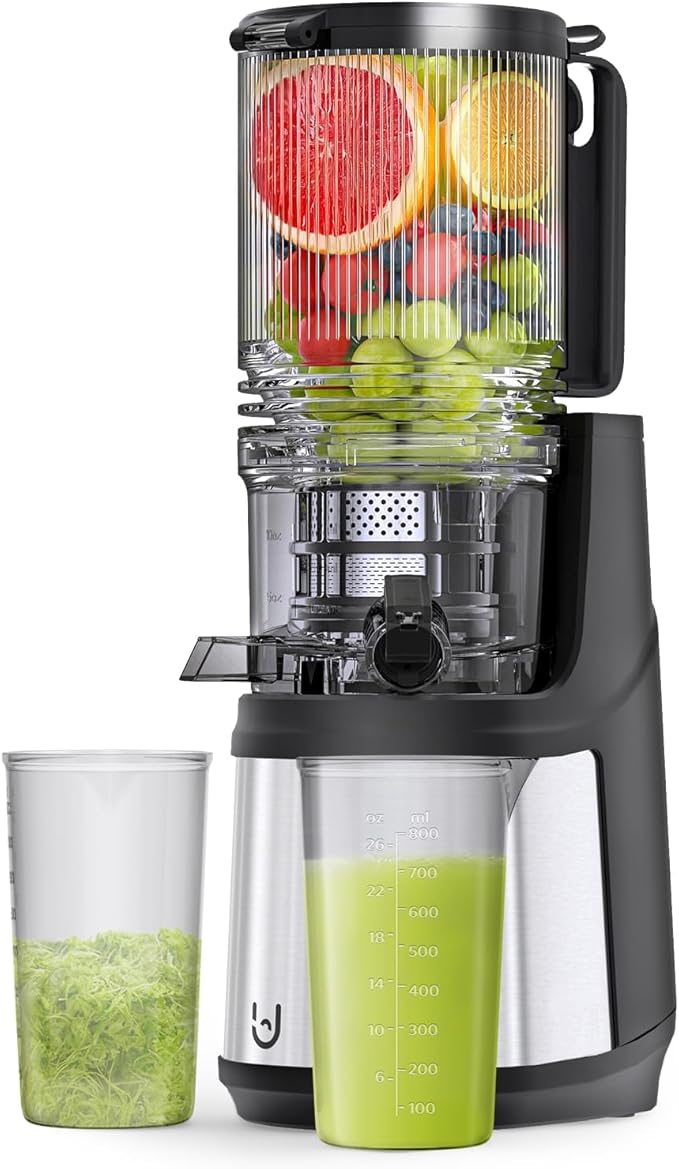Cold Press Juicer, 5.8" Wide Feed Chute Juice Extractor Machine with 400W, High Juice Yield, Slow Masticating Juicer for Whole Vegetables & Fruits, Gray-Stainless Steel