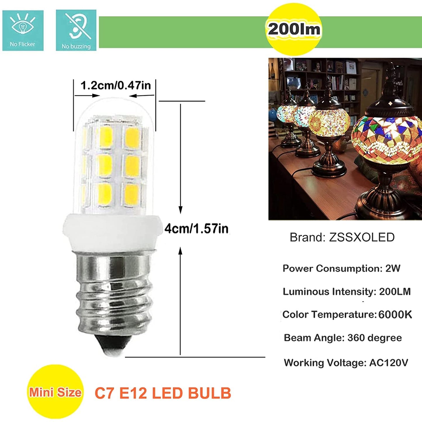 Zssxoled C7 E12 Led Bulbs For Himalayan Salt Lamps, 2-Pack, 6000K White Plastic Night Light Bulbs