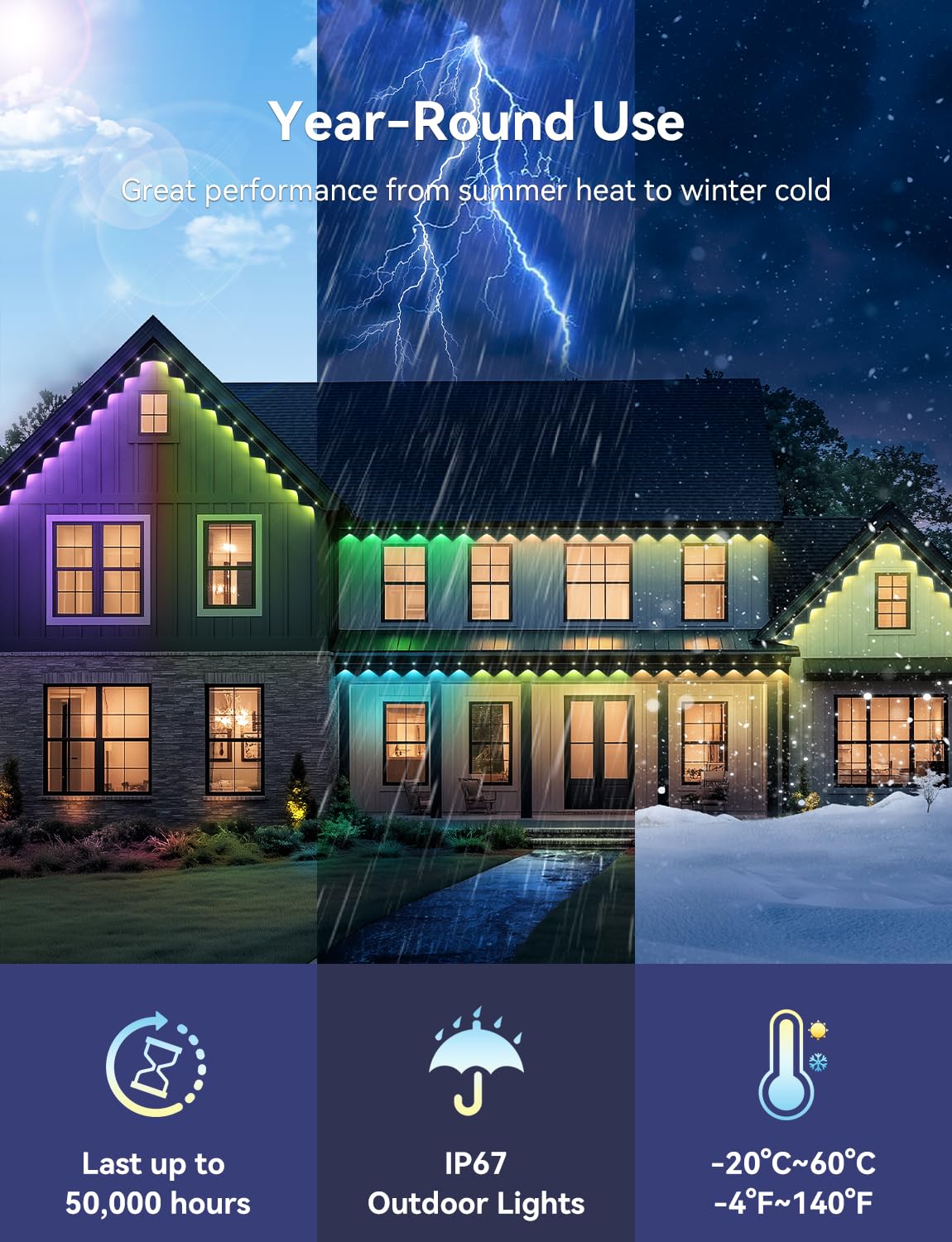 Lemonlovely Permanent Outdoor Lights Pro  180Ft With 132 Ic+Rgbcw Smart Led Eaves Christmas Lights For Daily Decoration  Ip67 Waterproof For Outside Xmas Halloween House Roof Lighting  White