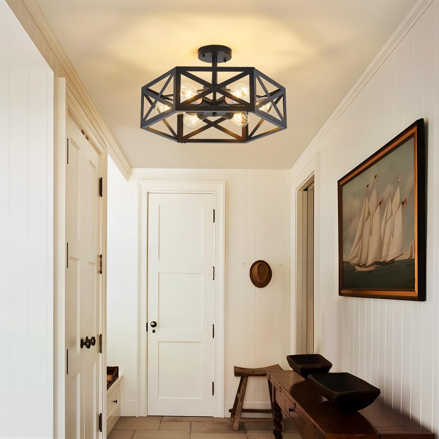 Oteedo Modern Semi Flush Mount Ceiling Light 19.7 6-Light Hexagon Flush Mount Ceiling Lights For Dining Room Light Fixture Farmhouse Black Metal Kitchen Island Lighting Fixtures For Hallway Bathroom