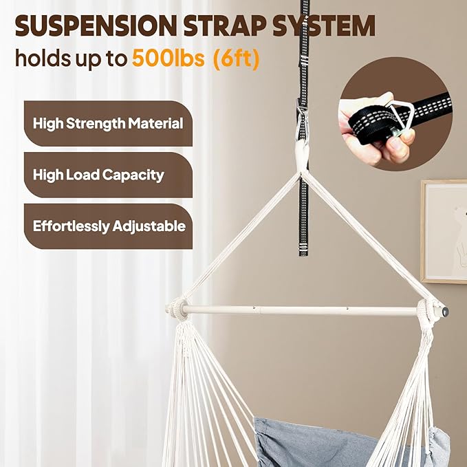 Chihee Hammock Chair Hanging Chair with Foot Rest 2 Cushions Max 500lbs Robust Metal Spreader Bar Collapsible Easy Storage Soft Cotton Swing Chair Strong Strap Iron Carabiner Side Pocket Included