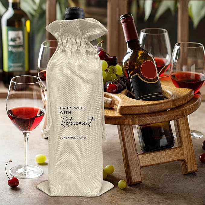 HOIJAUMAI Retirement Gift Wine Bag, Retired Gifts for Women Men, Going Away Goodbye Farewell Gifts for Coworker Friends, Pairs Well with Retirement Burlap Drawstring Wine Bag