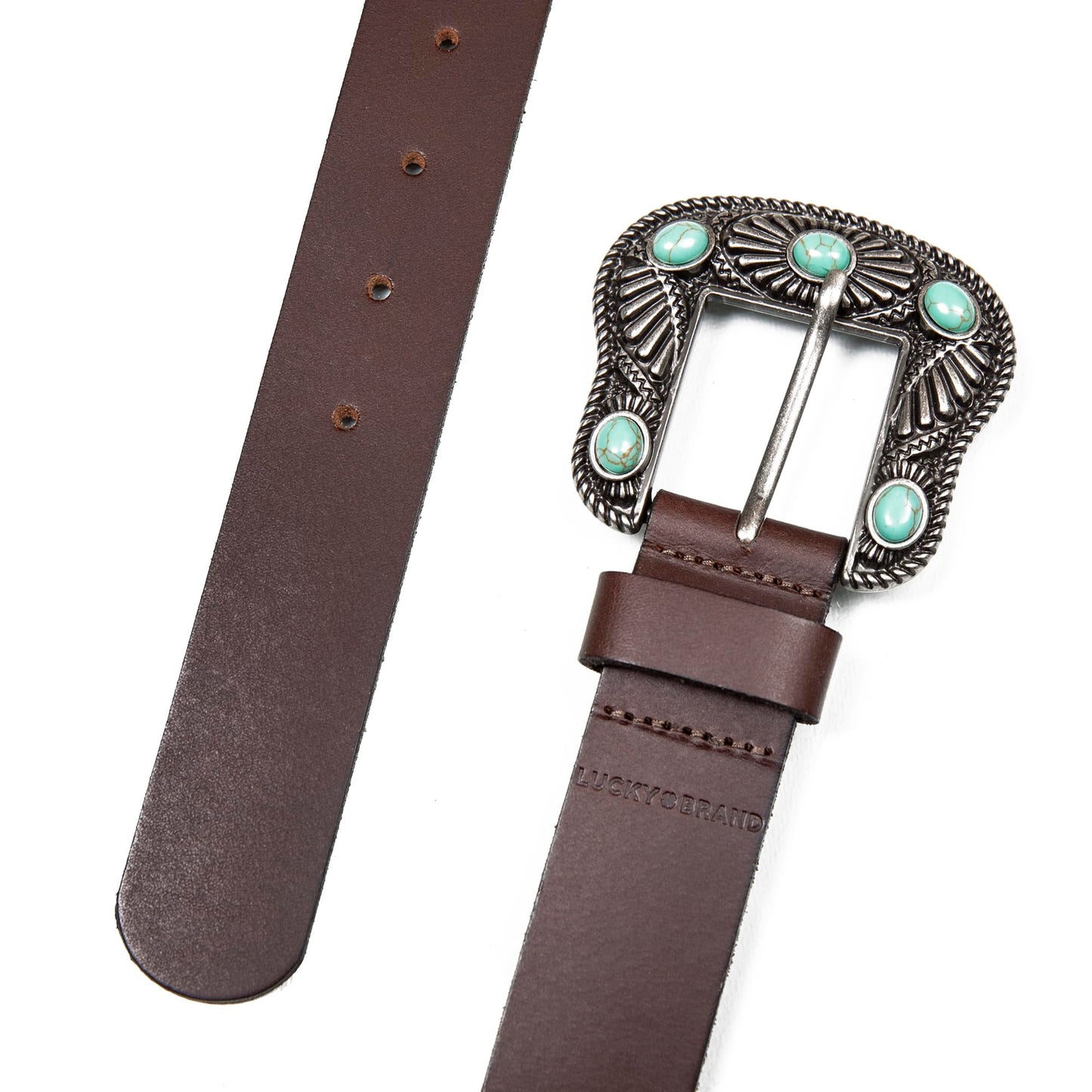 Lucky Brand Women Western Style Fashion Leather Belt with Metal Buckle, Turquoise Stud-Brown, Small