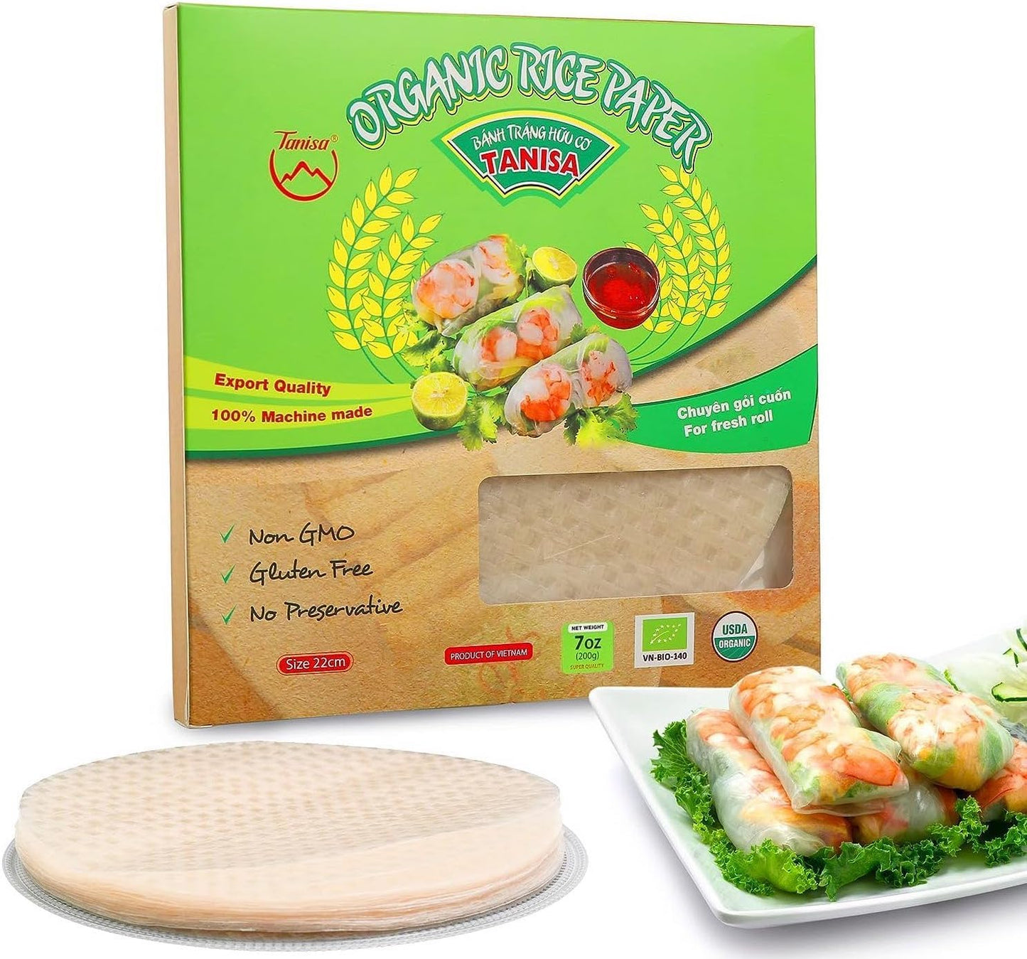 TANISA 24 Sheets Organic Rice Paper Wrappers, Spring Roll Wrappers for Fresh roll (22cm, Round, 7.05 oz/pack) Organic White, Ric