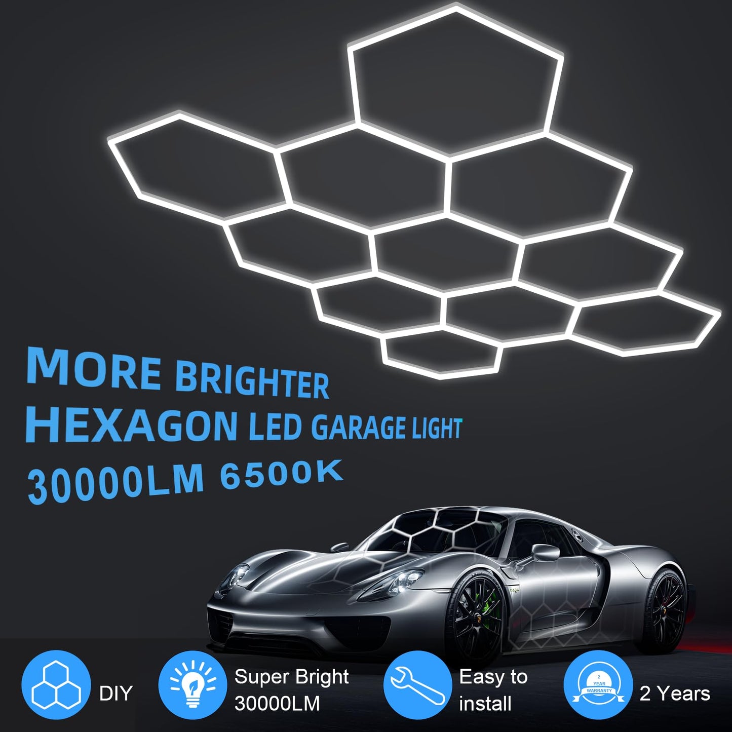 Modern 11 Hexagon Led Garage Light  Ultra-Bright 6500K Natural White  11 Grids For Garage  Mall  Shop  And Auto Detailing.
