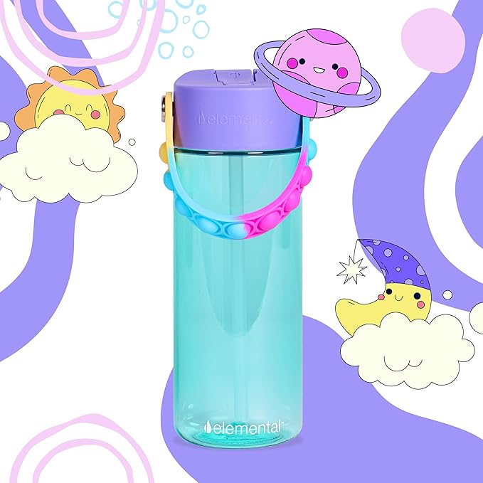 Elemental Leak Proof Water Bottles for Kids - Splash Kids Water Bottle for School with Fun Fidget Pop-it Handle - BPA Free Tritan Plastic Reusable Water Bottle with Straw - Blue Tie Dye - 18oz