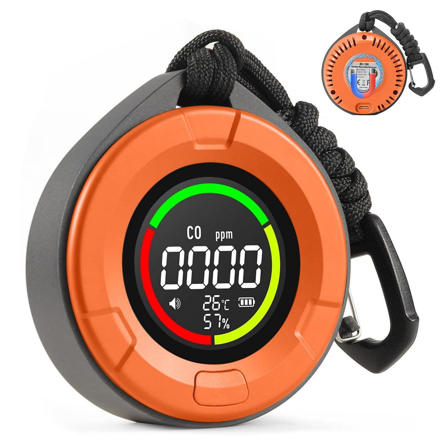 3-in-1 Portable Carbon Monoxide Detector for Travel, Portable Travel CO Detector Rechargeable CO Alarm with Temperature & Humidity Display, Travel Carbon Monoxide Detectors for RV, Camping (Orange)