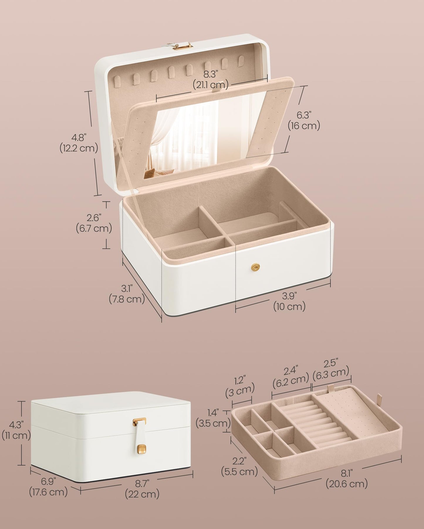 SONGMICS Jewelry Box with Mirror, 2-Layer Jewelry Holder Organizer, Travel Jewelry Case, Removable Jewelry Tray, 6.9 x 8.7 x 4.3