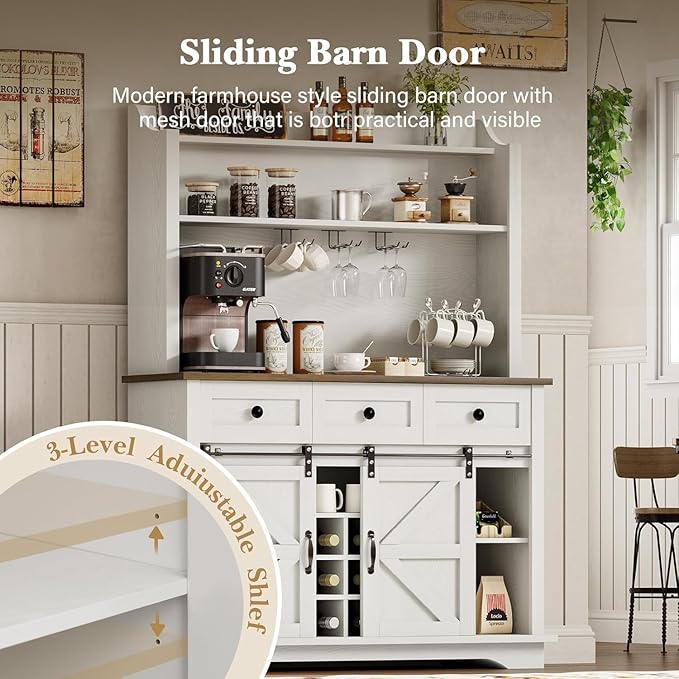 63 Inch Tall Coffee Bar Cabinet with 3-Tier, Kitchen Hutch with 3 Large Drawers, Farmhouse Coffee Bar with 9 Wine Racks & 3 Glass Holders, Wine Storage Cabinet for Living Dining Room, White