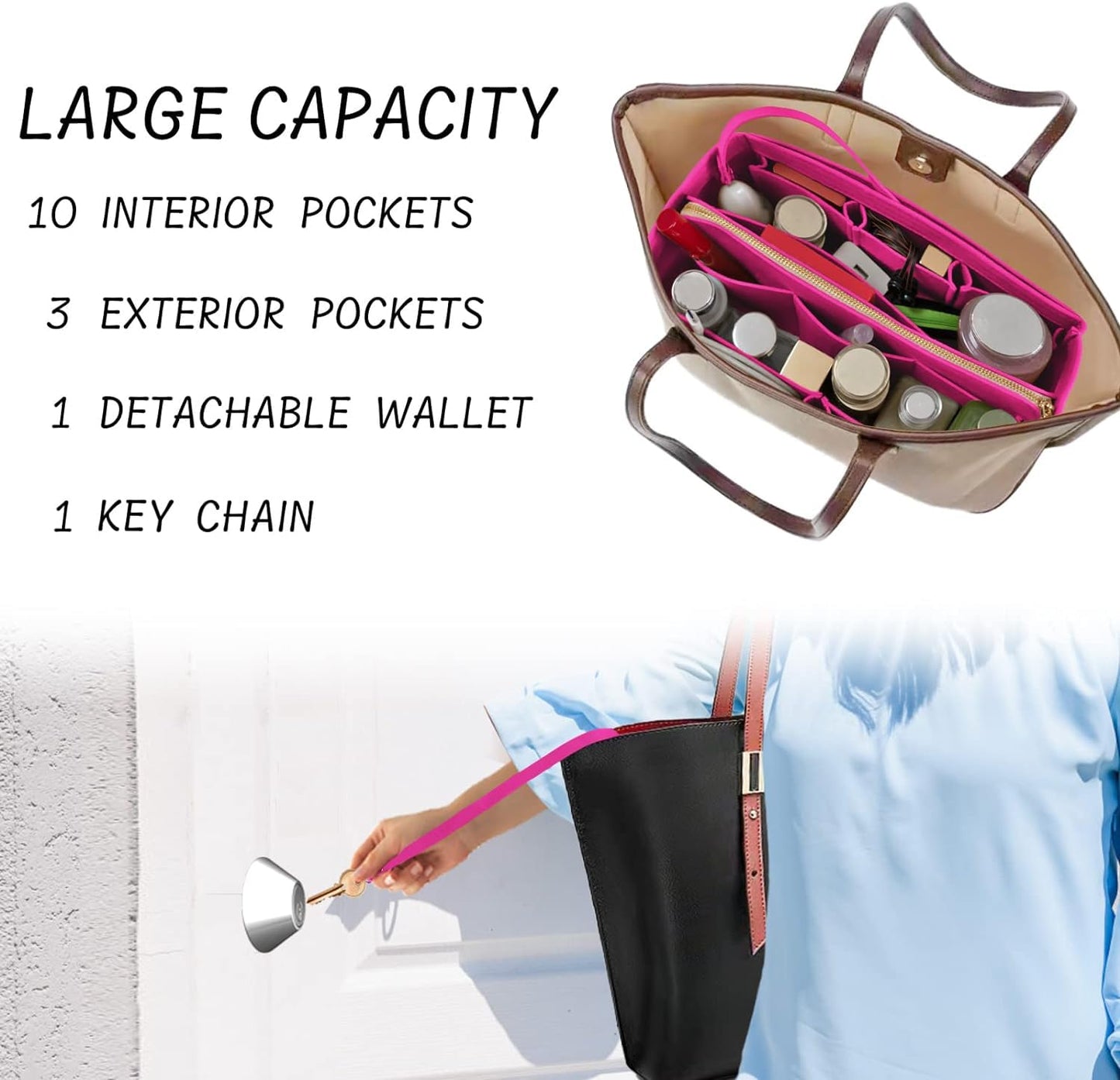 DailyPlus Purse Organizer Insert with Zipper Felt Bag Organizer for Tote Purse Bag Rose Large