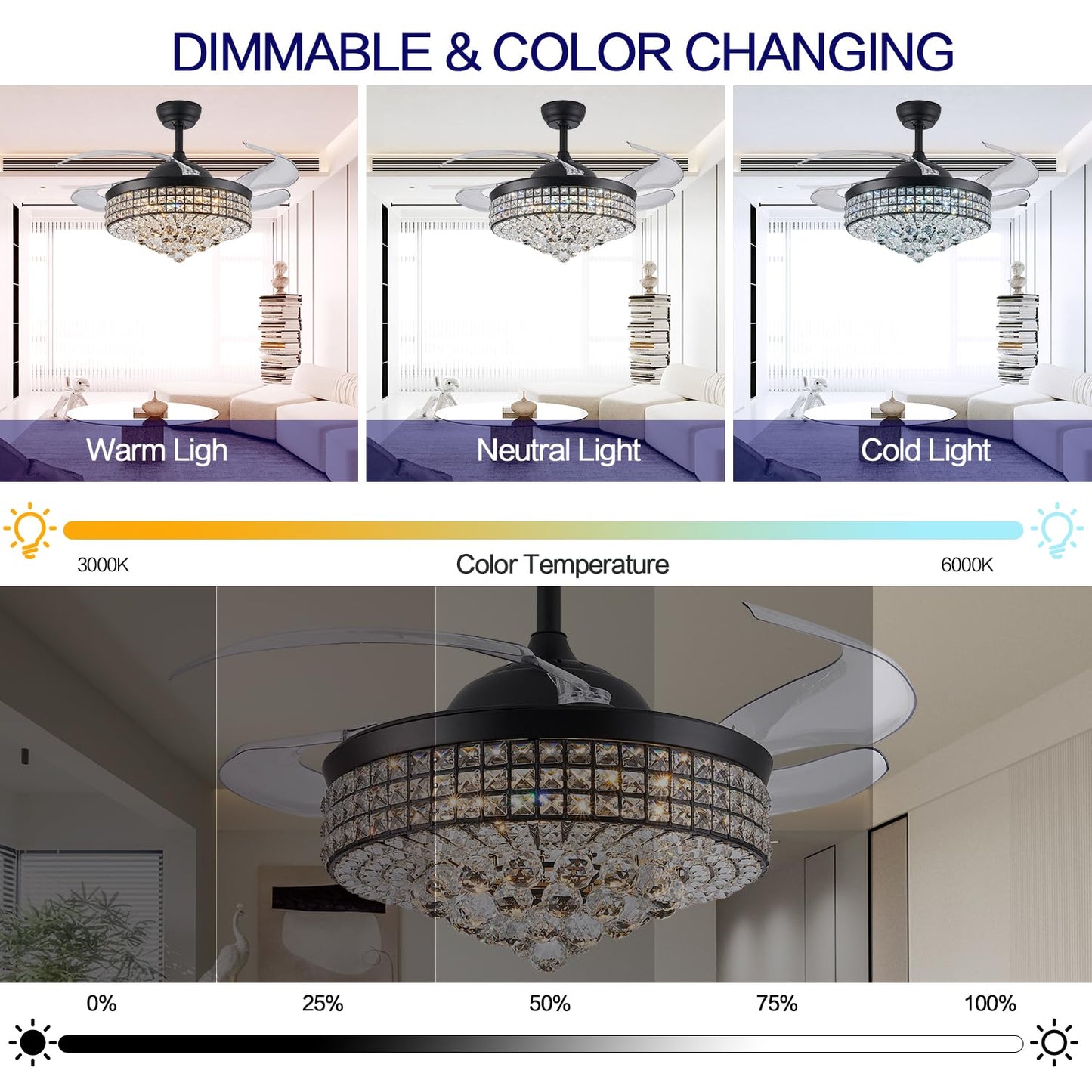 Trsiopfc 52 Inch Dimmable Crystal Fandelier Ceiling Fans With Light,Chandelier Fan With Remote Control For Bedroom/Living Room,P