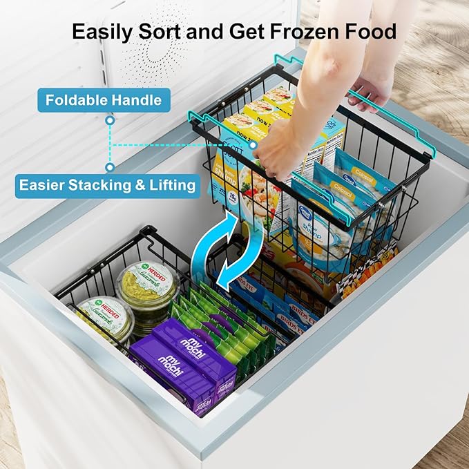 iSPECLE Freezer Organizer Bins - 3 Pack Adjustable Wider & Deeper Chest Freezer Organizer Bins for 5 to 9 Cu Ft, Extra Large & Easy Organize Basket Store More, Stackable No Wasted Space, Black