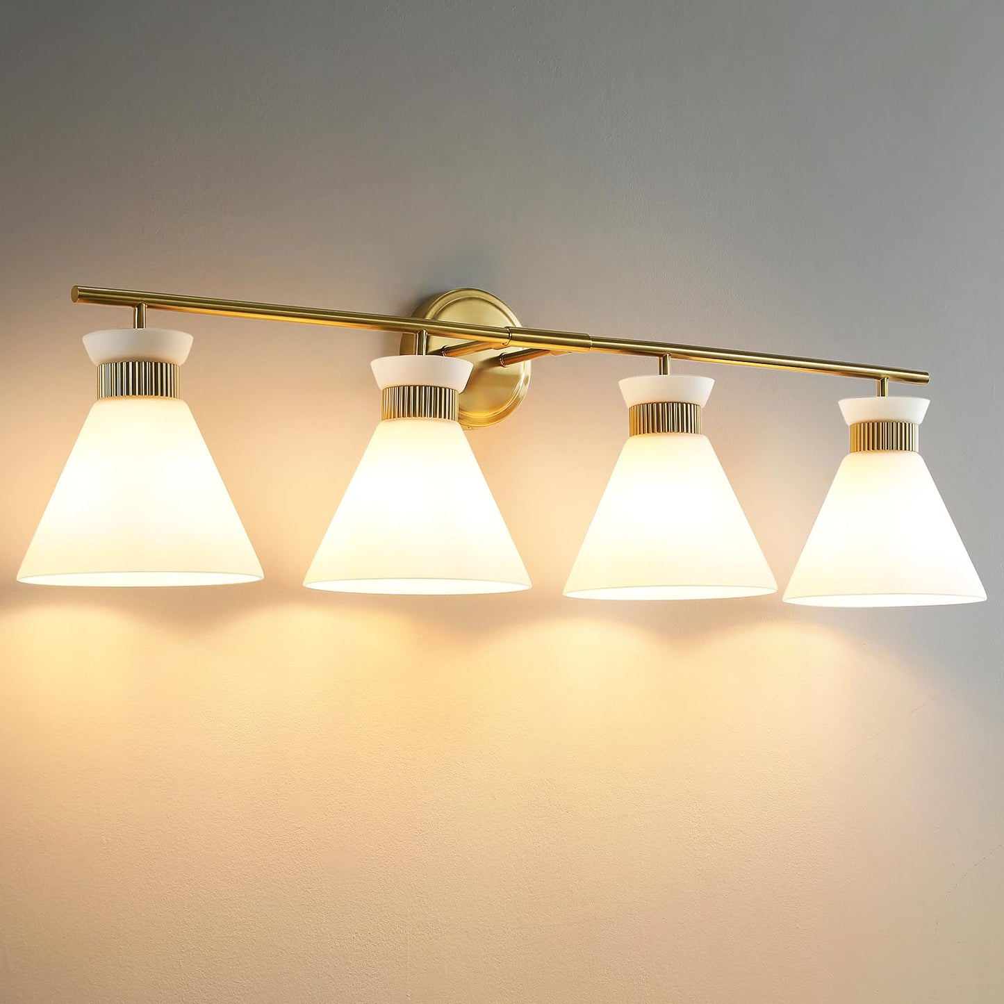 Woshitu Bathroom Vanity Light - 4-Bulb Mid Century Modern Sconce, Brass Gold, Frosted Glass, Metal, Over Mirror Lighting